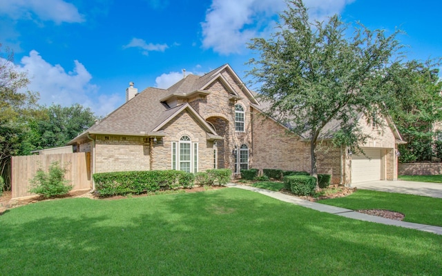 2512 Eagle Post Dr, Conroe, TX 77304 - view of front of home with a chimney, concrete driveway, stone siding, brick siding, and a garage