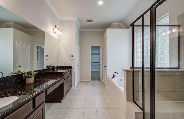2512 Eagle Post Dr, Conroe, TX 77304 - full bath featuring double vanity, a jetted tub, tile patterned flooring, crown molding, and an enclosed shower