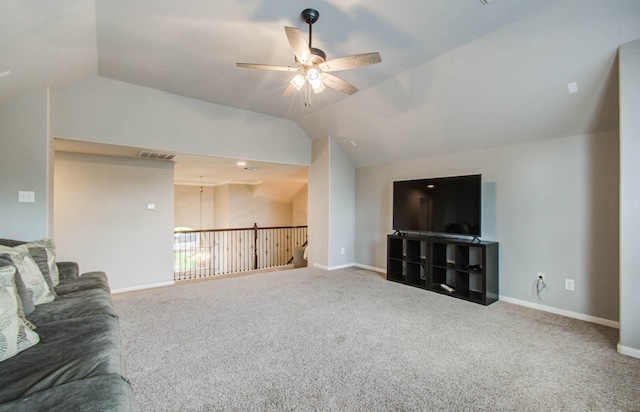 2512 Eagle Post Dr, Conroe, TX 77304 - unfurnished living room featuring vaulted ceiling, ceiling fan, carpet, and a chandelier