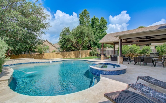 2512 Eagle Post Dr, Conroe, TX 77304 - view of pool featuring a fenced backyard, a pool with connected hot tub, a patio, a ceiling fan, and a gazebo