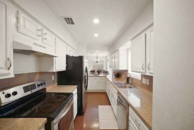 411 Pickford Dr, Katy, TX 77450 - kitchen with appliances with stainless steel finishes, under cabinet range hood, white cabinetry, dark wood-style flooring, and tasteful backsplash