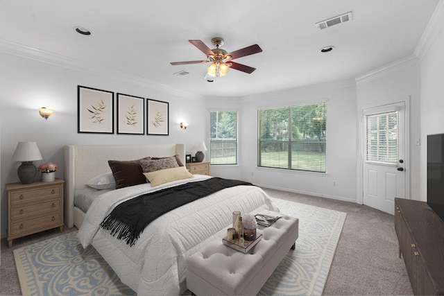 5918 Mahogany Way, Magnolia, TX 77354 - carpeted bedroom with ornamental molding and ceiling fan