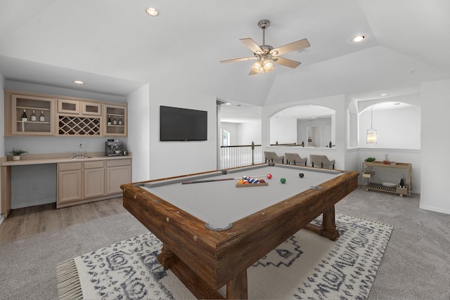 5918 Mahogany Way, Magnolia, TX 77354 - recreation room featuring light carpet, bar with sink, recessed lighting, vaulted ceiling, and ceiling fan