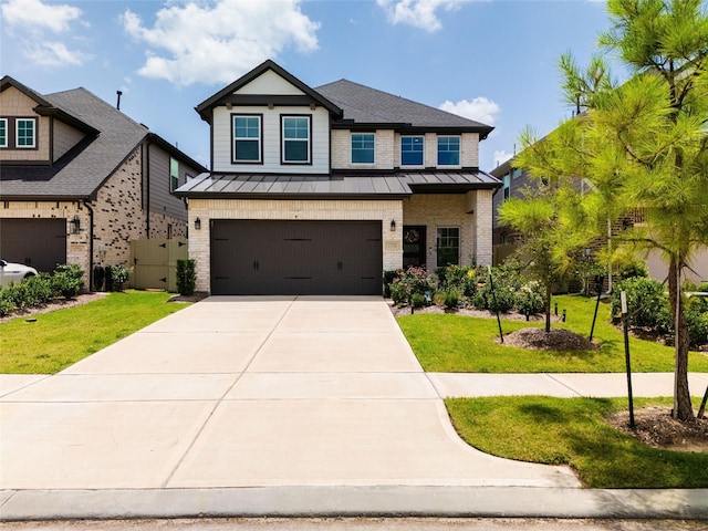 17735 Tree Of Heaven, Conroe, TX 77385 - craftsman-style home featuring a standing seam roof, a garage, brick siding, and driveway