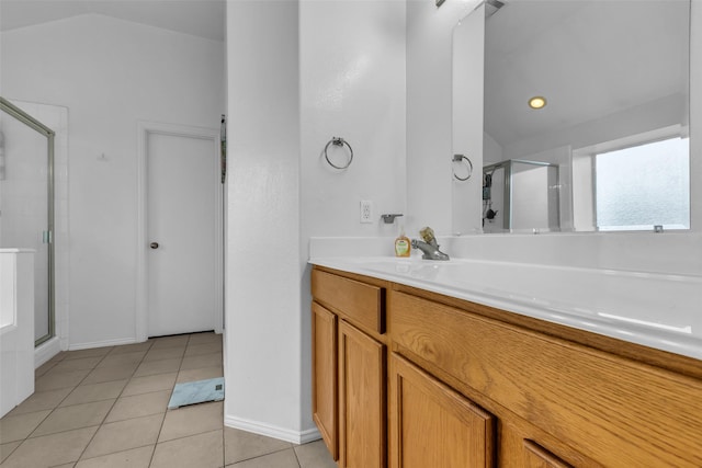 4714 Rumbling Canyon Ct, Katy, TX 77449 - full bathroom featuring lofted ceiling, a shower stall, tile patterned flooring, and vanity