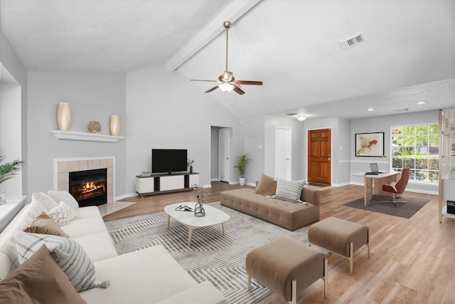 14306 Cypress Meadow Dr, Cypress, TX 77429 - living area featuring a fireplace, light wood-style floors, beam ceiling, ceiling fan, and high vaulted ceiling