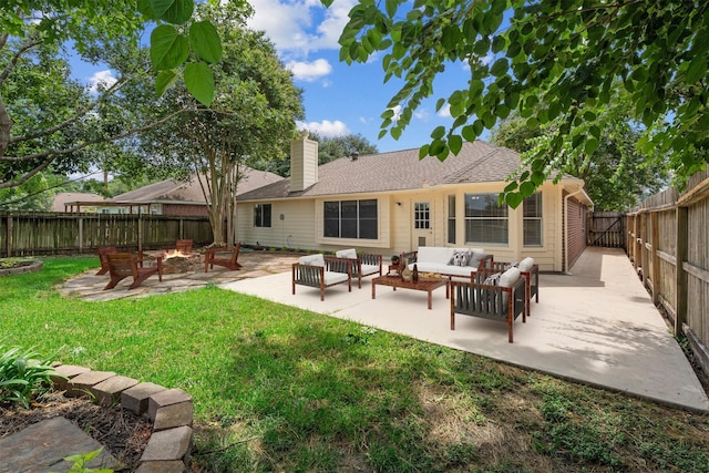14306 Cypress Meadow Dr, Cypress, TX 77429 - rear view of property with an outdoor living space with a fire pit, a chimney, a patio, a fenced backyard, and a shingled roof