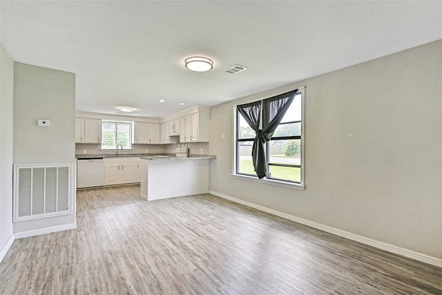 2131 6th Ave N, Texas City, TX 77590 - kitchen featuring dishwasher, light wood-style floors, a peninsula, open floor plan, and white cabinets