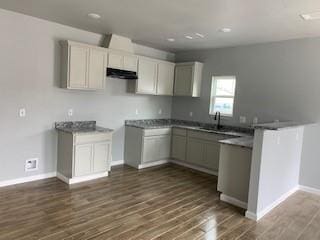 327 Delaware St Unit A, Houston, TX 77029 - kitchen with dark wood finished floors and ventilation hood
