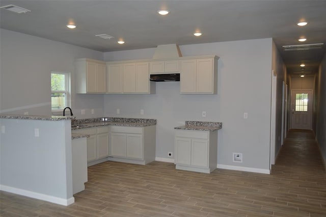 327 Delaware St Unit A, Houston, TX 77029 - kitchen featuring under cabinet range hood, light stone countertops, light wood finished floors, white cabinets, and recessed lighting