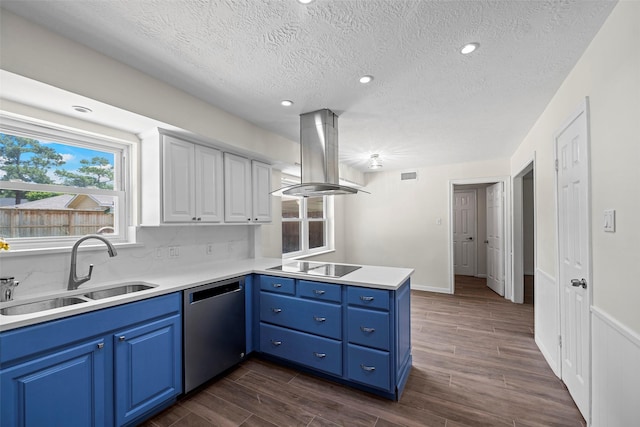 8114 Coolshire Ln, Houston, TX 77070 - kitchen with dishwasher, island exhaust hood, black electric stovetop, a textured ceiling, and a peninsula