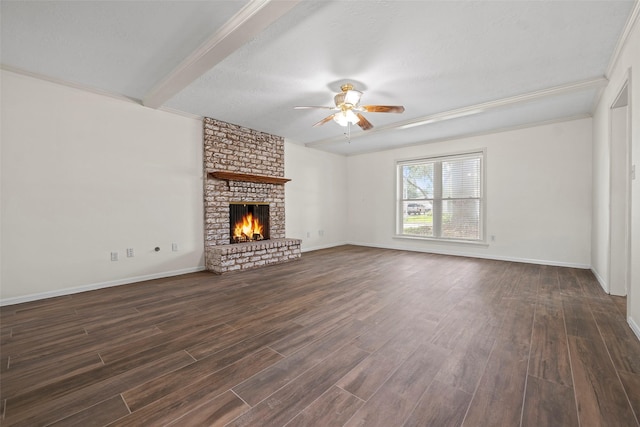 8114 Coolshire Ln, Houston, TX 77070 - unfurnished living room featuring a ceiling fan, dark wood-style floors, a brick fireplace, and beam ceiling