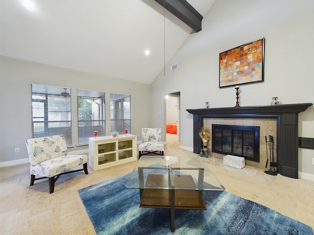 11614 Taos Ln, Houston, TX 77070 - carpeted living area featuring beam ceiling, a fireplace with flush hearth, and high vaulted ceiling