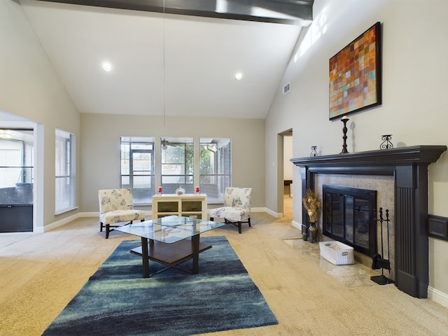 11614 Taos Ln, Houston, TX 77070 - carpeted living area with high vaulted ceiling, a fireplace with flush hearth, recessed lighting, and beam ceiling