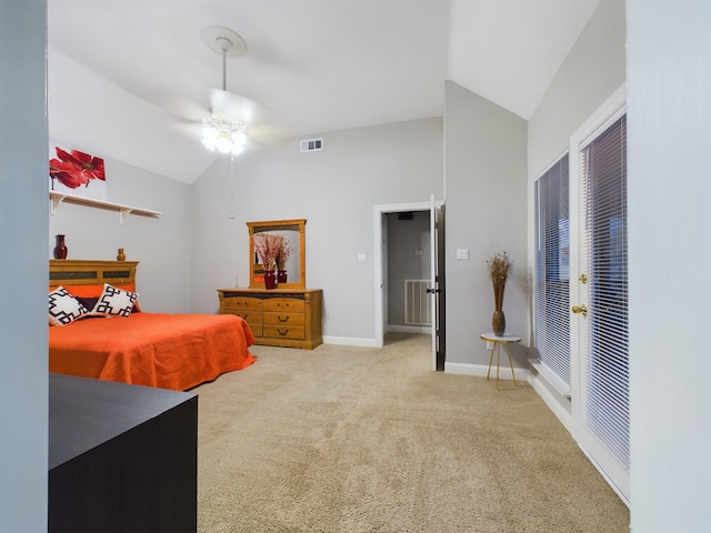 11614 Taos Ln, Houston, TX 77070 - bedroom with vaulted ceiling, carpet flooring, french doors, and a ceiling fan