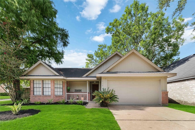 1710 Blue Heather Ln, Fresno, TX 77545 - ranch-style house featuring brick siding, a garage, a front lawn, and concrete driveway