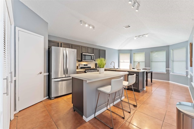 1710 Blue Heather Ln, Fresno, TX 77545 - kitchen featuring stainless steel appliances, rail lighting, a center island, light tile patterned floors, and light countertops