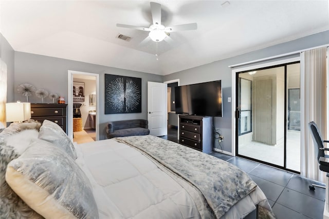 1710 Blue Heather Ln, Fresno, TX 77545 - bedroom with access to outside, tile patterned flooring, a ceiling fan, and ensuite bathroom