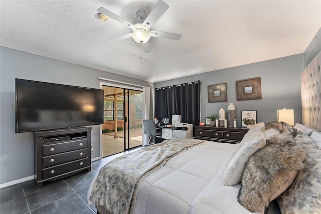 1710 Blue Heather Ln, Fresno, TX 77545 - bedroom with access to outside, dark tile patterned flooring, and a ceiling fan