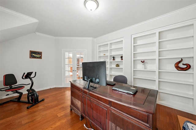 21306 Willowford Park Dr, Katy, TX 77450 - office area with french doors, ornamental molding, built in shelves, and dark wood finished floors