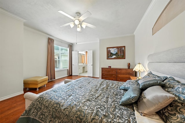 21306 Willowford Park Dr, Katy, TX 77450 - bedroom with wood finished floors, ornamental molding, a textured ceiling, and a ceiling fan