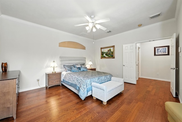 21306 Willowford Park Dr, Katy, TX 77450 - bedroom with dark wood-style flooring, crown molding, and a ceiling fan