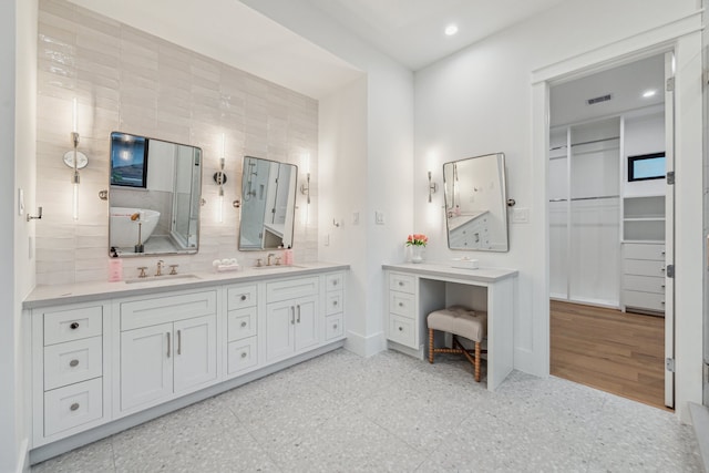 1310 Willard, Houston, TX 77006 - full bath featuring double vanity, tasteful backsplash, recessed lighting, and a shower