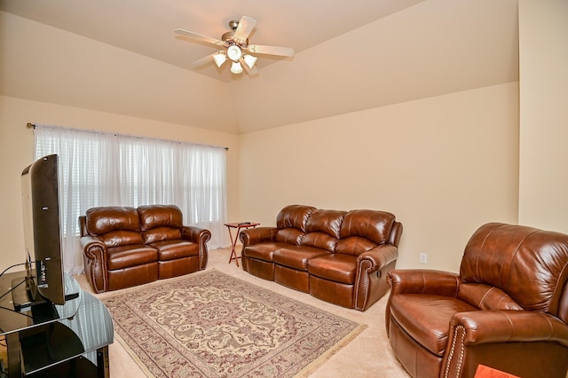 28123 Canyon Wren Dr, Katy, TX 77494 - living room with carpet floors, ceiling fan, and vaulted ceiling