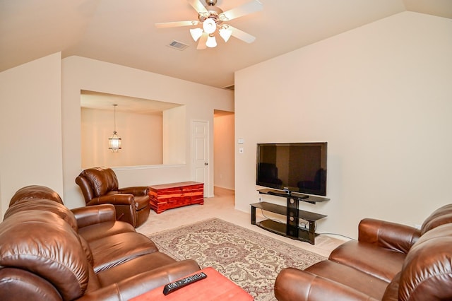 28123 Canyon Wren Dr, Katy, TX 77494 - carpeted living room with vaulted ceiling and ceiling fan
