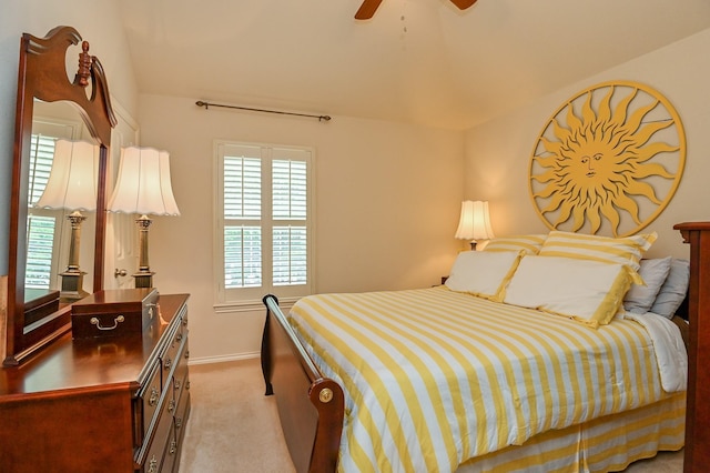 28123 Canyon Wren Dr, Katy, TX 77494 - bedroom with light colored carpet, ceiling fan, and vaulted ceiling