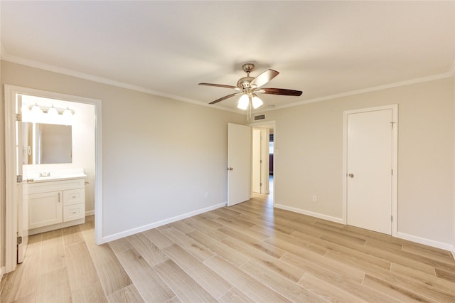 22843 Post Gate Dr, Spring, TX 77373 - unfurnished bedroom featuring light wood-style floors, ornamental molding, connected bathroom, and a ceiling fan