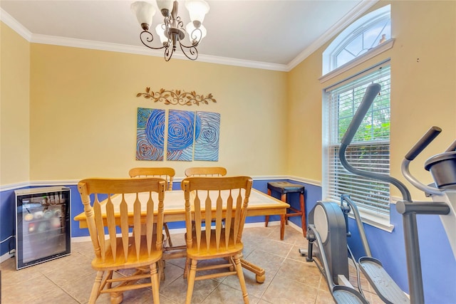 2605 Broussard Ct, Seabrook, TX 77586 - dining room with beverage cooler, ornamental molding, a chandelier, and light tile patterned floors