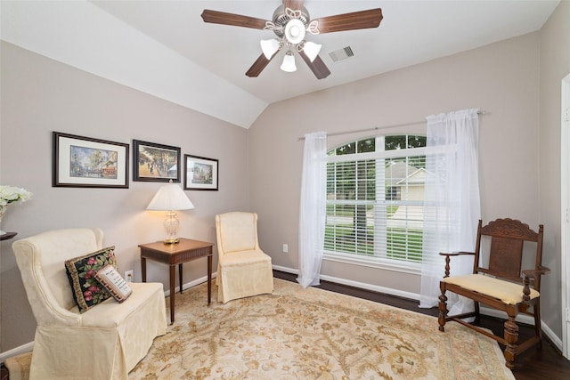 28035 Emma Gardens Ln, Spring, TX 77386 - sitting room featuring vaulted ceiling, wood finished floors, and ceiling fan