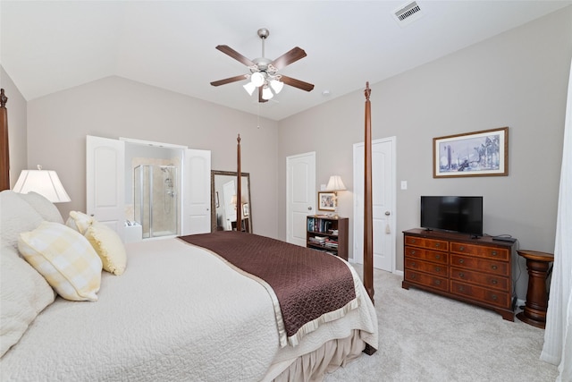 28035 Emma Gardens Ln, Spring, TX 77386 - bedroom featuring light colored carpet, lofted ceiling, ceiling fan, and connected bathroom