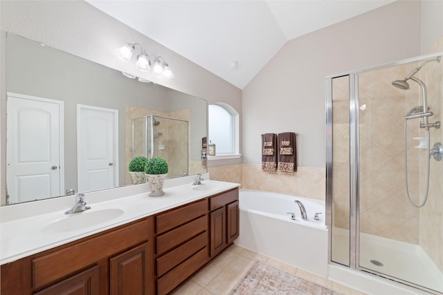 28035 Emma Gardens Ln, Spring, TX 77386 - bathroom with a shower stall, a garden tub, tile patterned flooring, double vanity, and vaulted ceiling