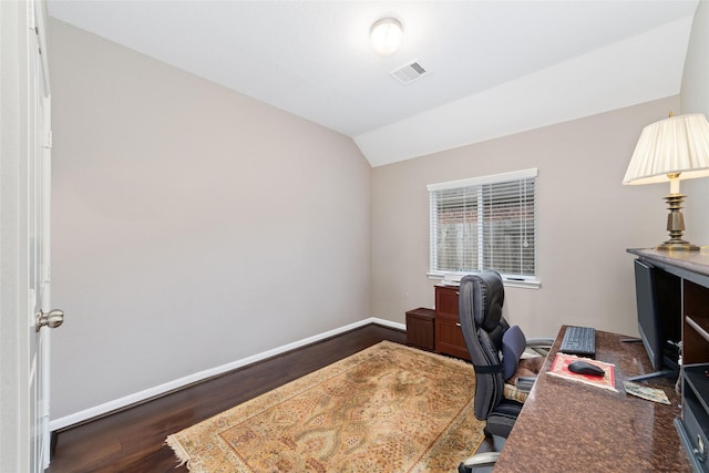 28035 Emma Gardens Ln, Spring, TX 77386 - office featuring vaulted ceiling and dark wood-style flooring