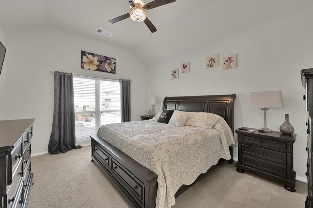 2803 Ridgecliff Ct, Conroe, TX 77301 - bedroom featuring vaulted ceiling, light colored carpet, and ceiling fan