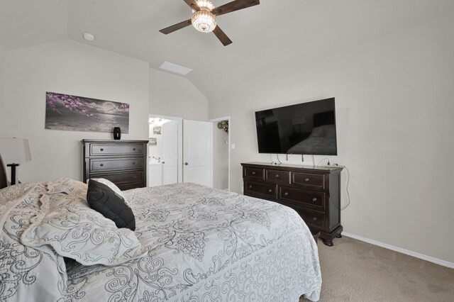 2803 Ridgecliff Ct, Conroe, TX 77301 - carpeted bedroom featuring lofted ceiling, ceiling fan, and ensuite bathroom