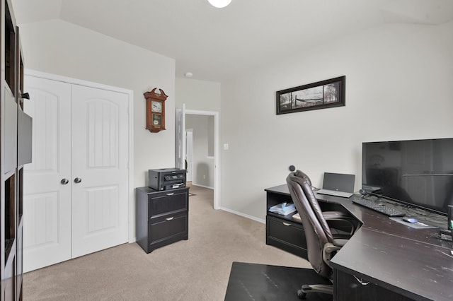 2803 Ridgecliff Ct, Conroe, TX 77301 - home office featuring light carpet and lofted ceiling