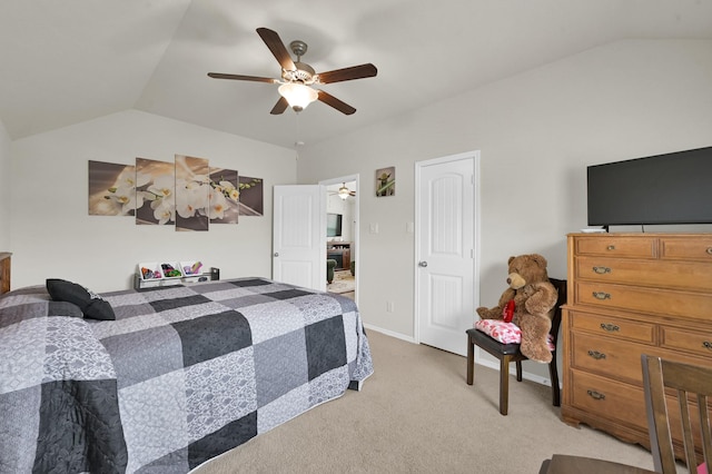 2803 Ridgecliff Ct, Conroe, TX 77301 - bedroom featuring vaulted ceiling, light carpet, and ceiling fan