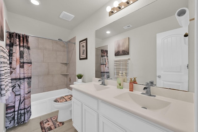 2803 Ridgecliff Ct, Conroe, TX 77301 - full bathroom featuring double vanity, shower / tub combo with curtain, tile patterned flooring, and recessed lighting