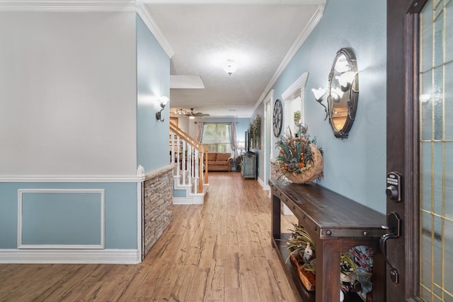 6107 Kyle Bend Ln, Katy, TX 77493 - corridor featuring stairs, wood finished floors, and crown molding