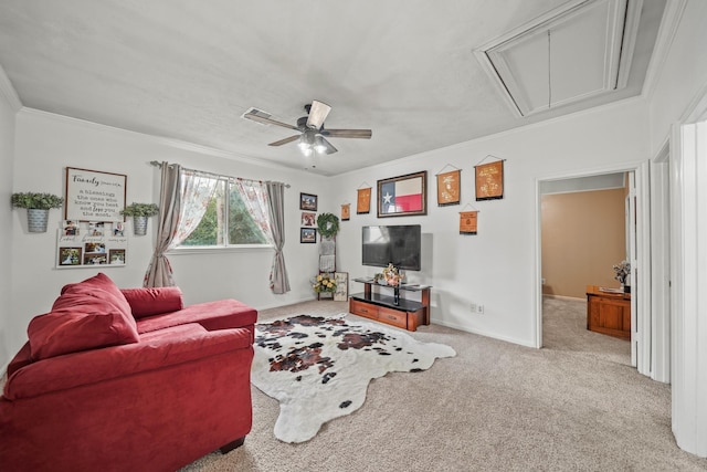 6107 Kyle Bend Ln, Katy, TX 77493 - living area with attic access, a ceiling fan, crown molding, and carpet flooring