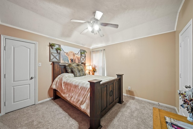 6107 Kyle Bend Ln, Katy, TX 77493 - bedroom with a textured ceiling, light colored carpet, ceiling fan, and ornamental molding