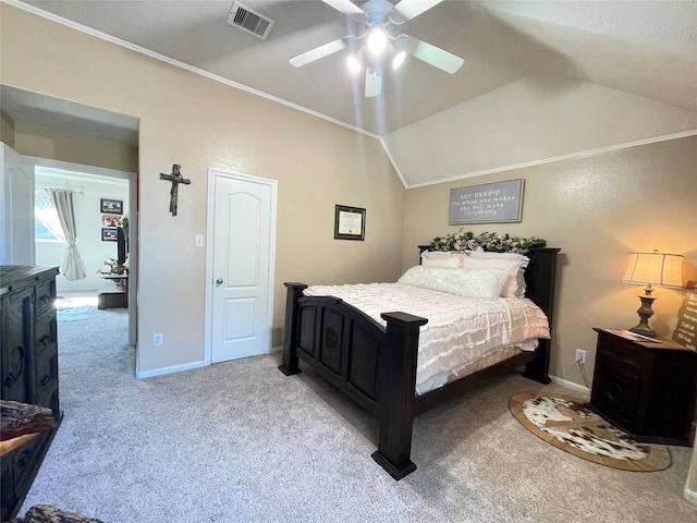 6107 Kyle Bend Ln, Katy, TX 77493 - bedroom featuring carpet floors, ornamental molding, lofted ceiling, and ceiling fan