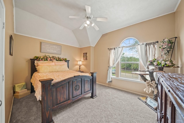 6107 Kyle Bend Ln, Katy, TX 77493 - bedroom with light colored carpet, crown molding, a ceiling fan, and vaulted ceiling
