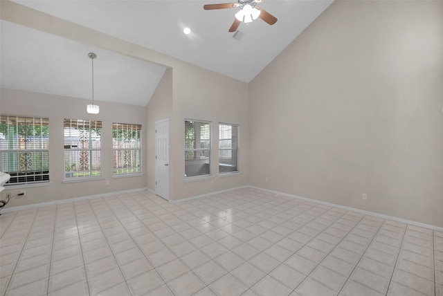 13535 San Martin Ln, Houston, TX 77083 - unfurnished room featuring high vaulted ceiling, ceiling fan, and light tile patterned flooring