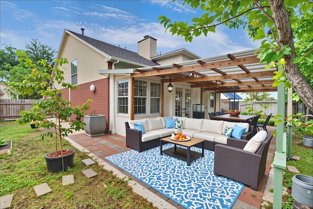 13535 San Martin Ln, Houston, TX 77083 - fenced backyard with outdoor lounge area, a patio, and a pergola