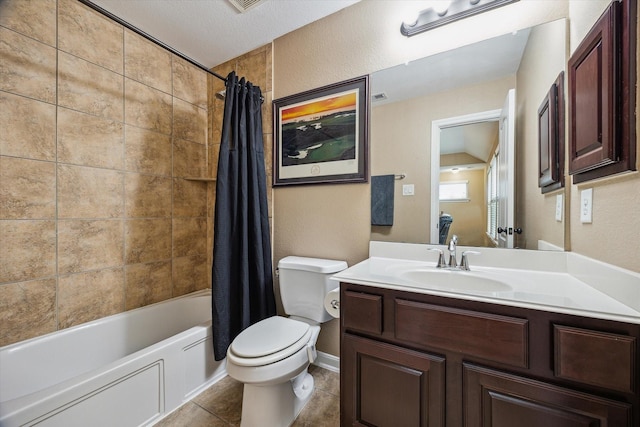213 Lighthouse Bay Ln, League City, TX 77539 - bathroom with vanity, shower / bath combo with shower curtain, tile patterned flooring, and a textured wall