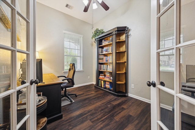 213 Lighthouse Bay Ln, League City, TX 77539 - home office with ceiling fan, dark wood finished floors, french doors, and vaulted ceiling